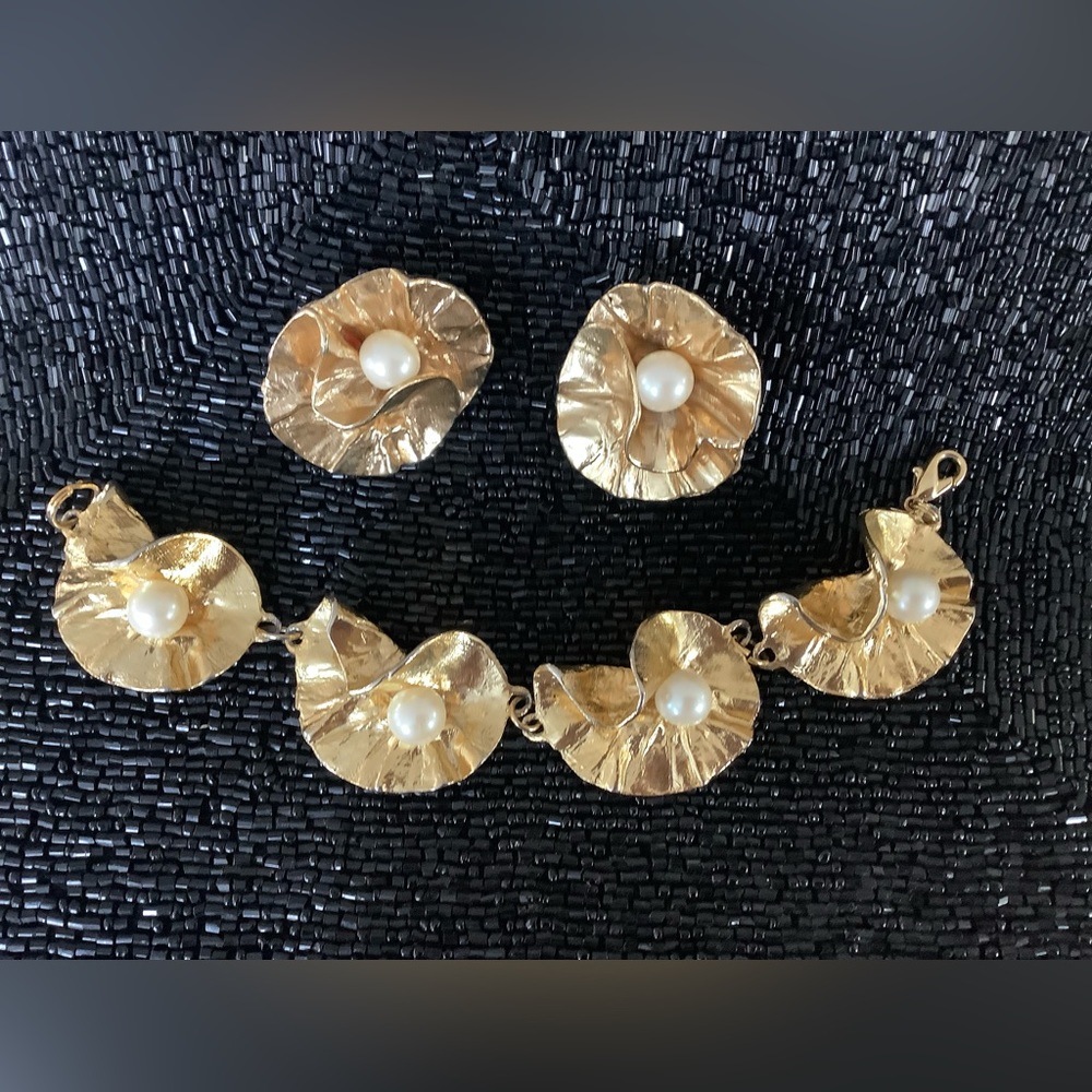 Vintage Designer Costume Pearl & Gold Clip-on Earrings and Bracelet Set